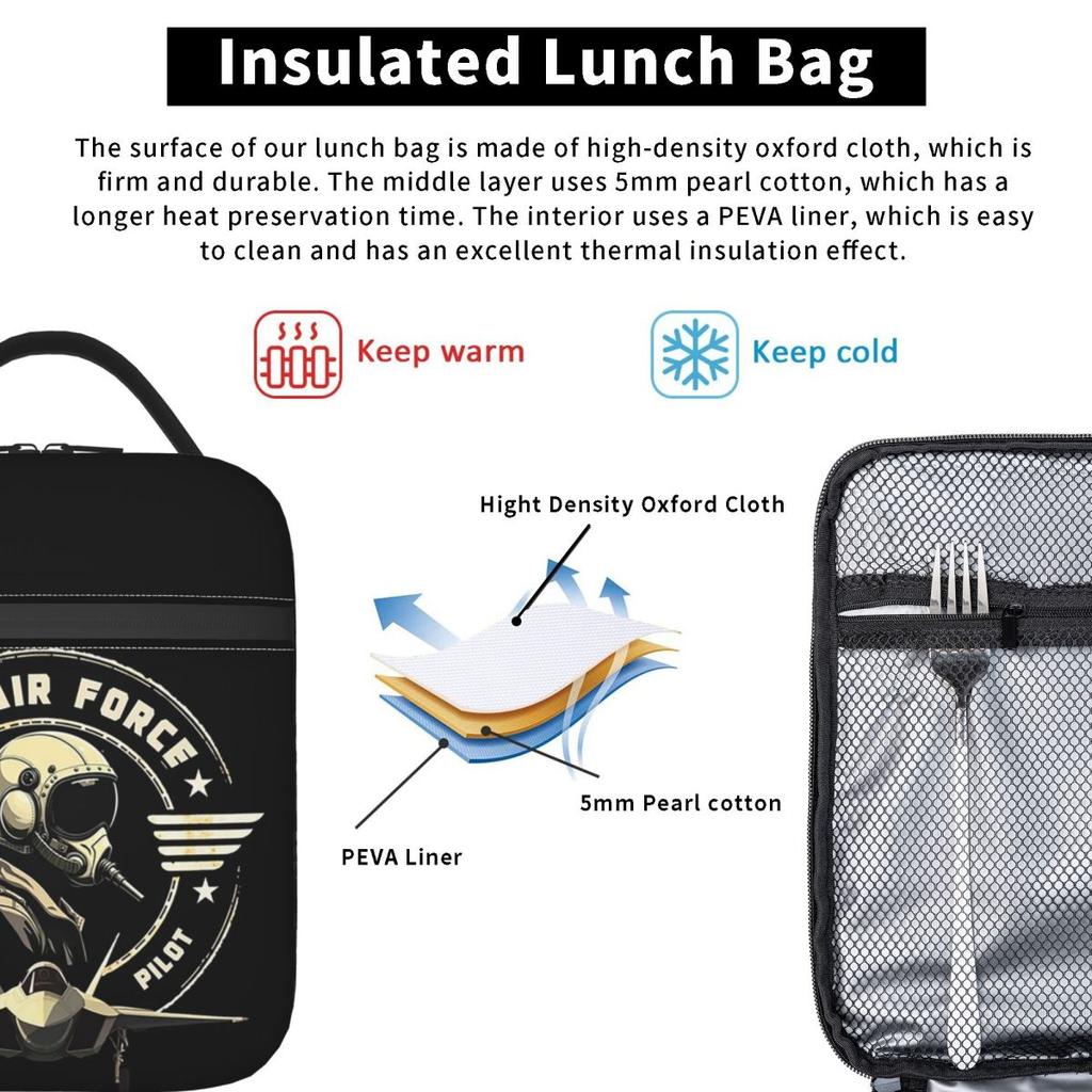 U.S. Air Force Fighter Pilot Military Aviation Vintage Insulated Lunch Bag for Women Children Food Boxes Thermal Lunch Box Tote