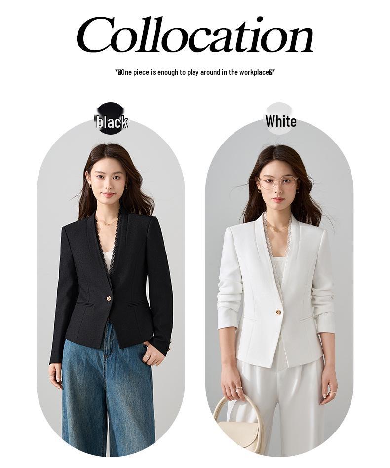 Women's White Lace Long Sleeve Blazer - Slim Fit, Short Style, Versatile for Autumn 2025