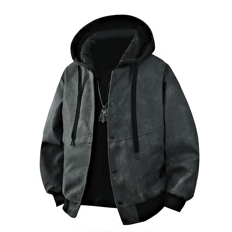 Spring and Autumn New Hooded Fake Two-piece Men's Leather Jacket Men's Cycling Bike Leather Jacket Men's American Men's Leather Jacket