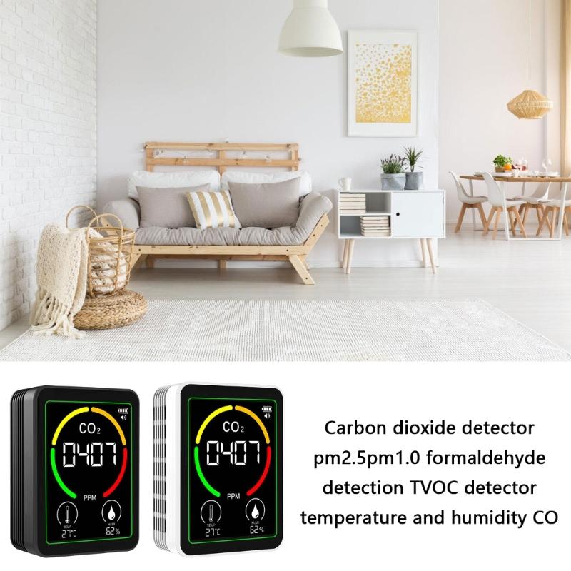 Small Air Quality Monitor CO2 TVOC Detection Rechargeable Battery Color Display Alarm System for Indoor Environment