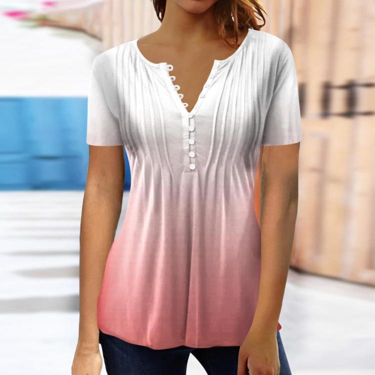 Vintage Gradient Print Women's Casual Shirt Blouse Short Sleeve Button Top Pullover Basic
