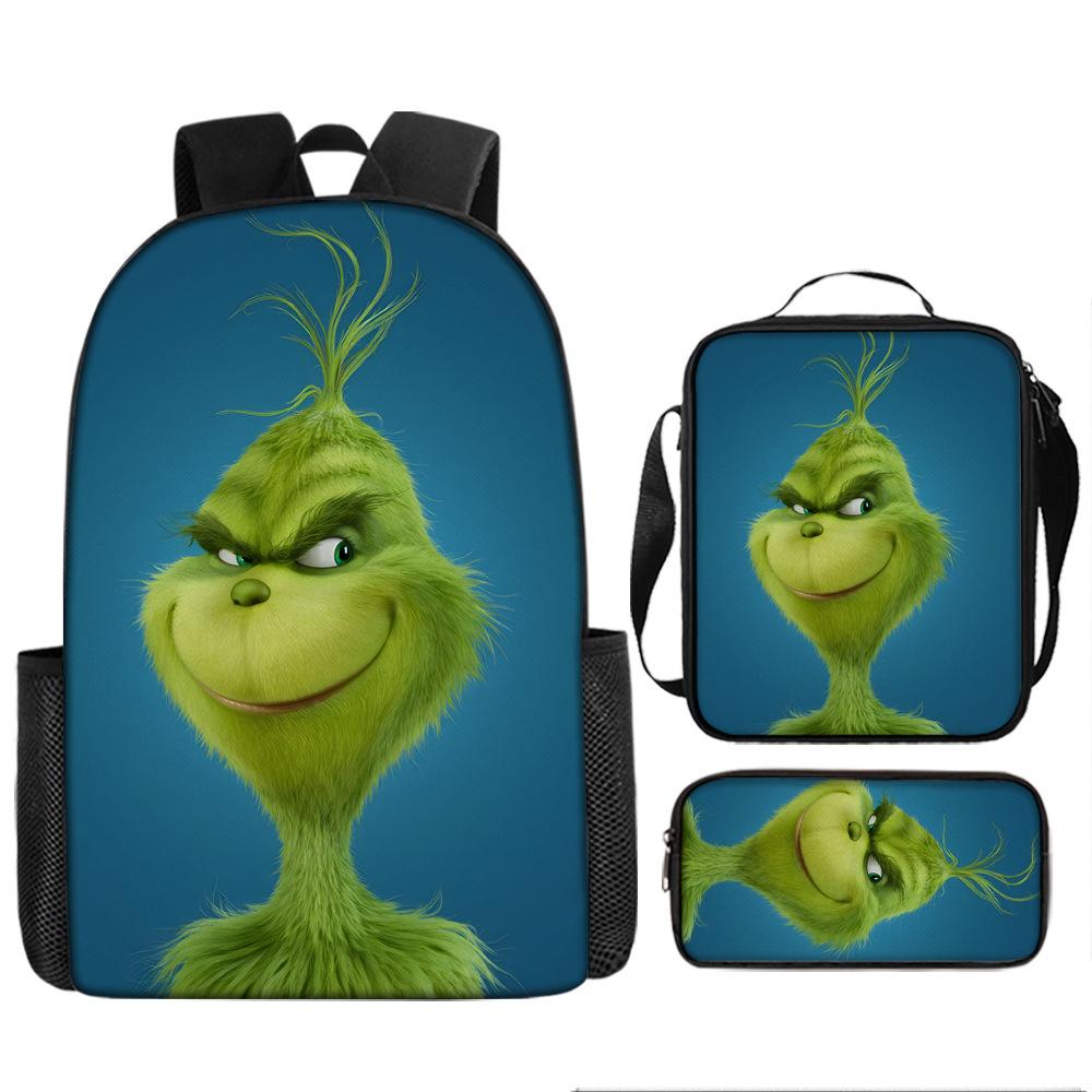 Green Hair Monster Grinch School Bag Campus 12345th and 6th Grade Backpack Lightweight Weight Loss Computer Bag Three-piece Set