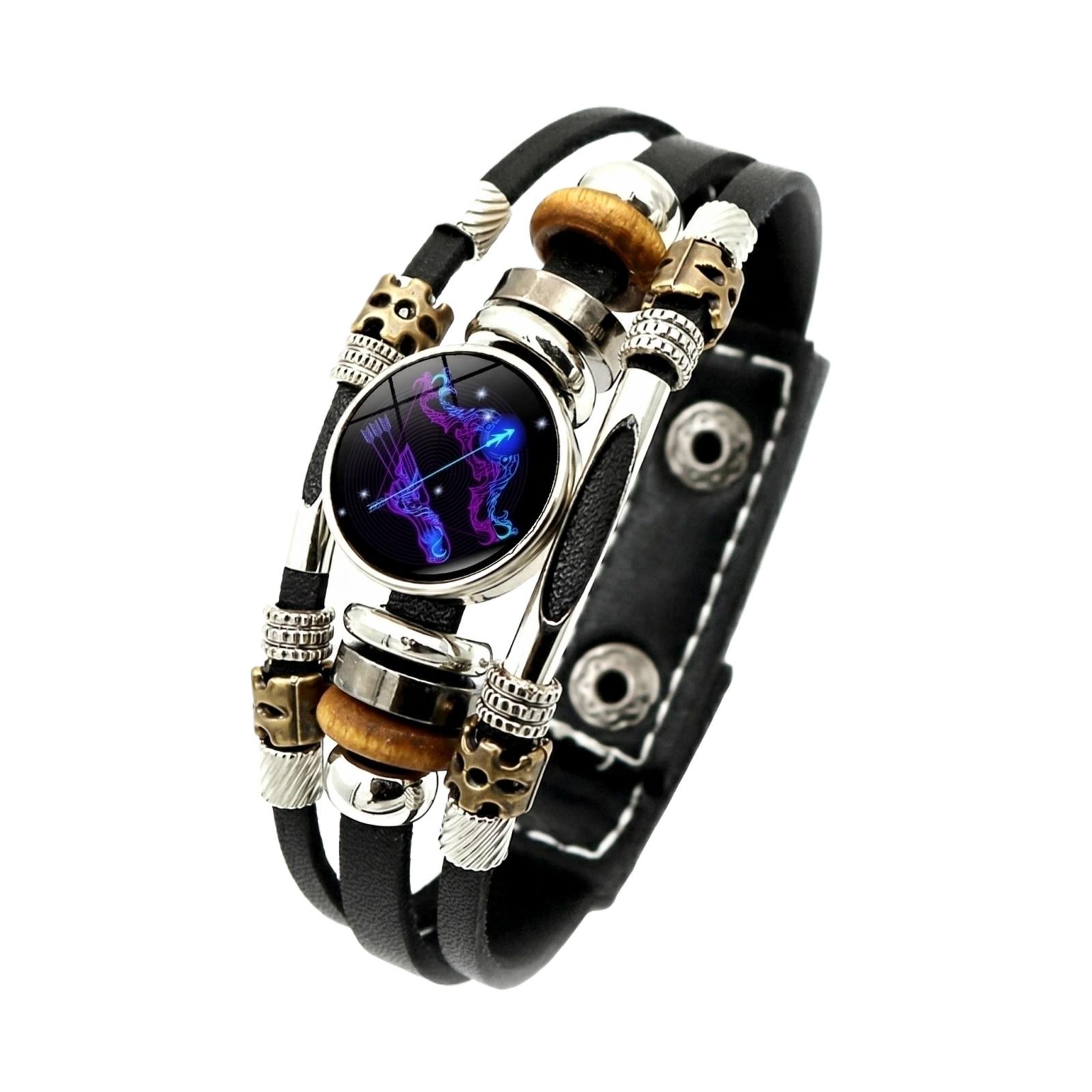 

Glow In The Dark Zodiac Sign Leather Bracelet Adjustable Multi Layer Band With Metal And Wooden Beads For Men And Women One Size