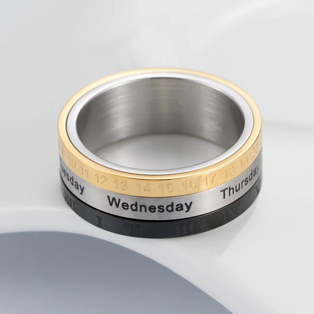 Men's Tricolor Roman Numeral Rotating Calendar Ring in Titanium Steel