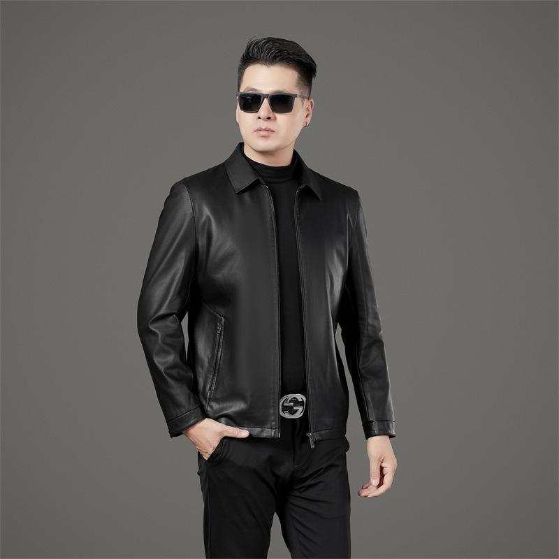

New Autumn and Winter Genuine Leather Jackets for Middle-aged Men and Dads Leather Jackets Business Lapel Plus Velvet Leather Jackets (as the picture-6190-)-5XL