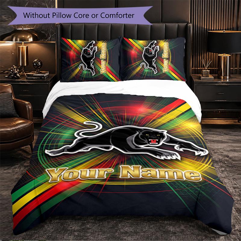Set Biancheria da Letto Personalizzato Penrith Panthers con Testo Nome, 1 Copripiumino & 2 Federe Regalo Personalizzato per Camera da Letto