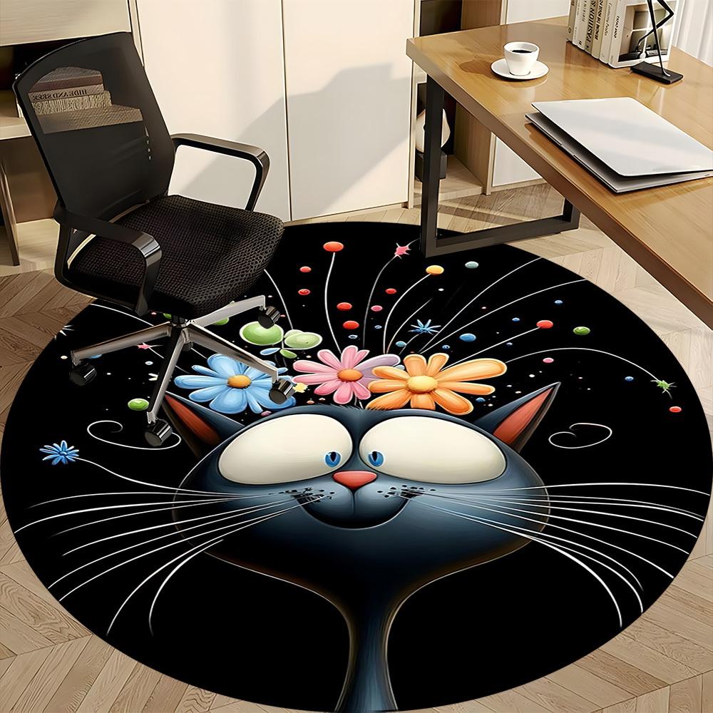 1pc Flower Cat Office Round Area Rug, Under Office Chairs Bedroom Living Room Home Decor, Room Deco, Available in Various Sizes