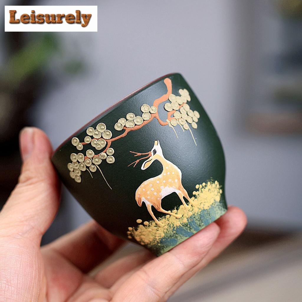 140ml Handmade Mud Painted Pine Deer Teacup Yixing Purple Clay Small Mouth Cup Smelling Fragrance Master Cup Tasting Tea Bowl