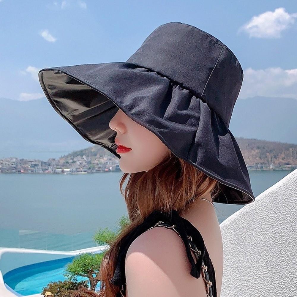 Solid Color Women Fisherman Hat Anti-Ultraviolet Foldable Wide Brim Sun Hat Adjustable Sunshade Sun Protection Hat