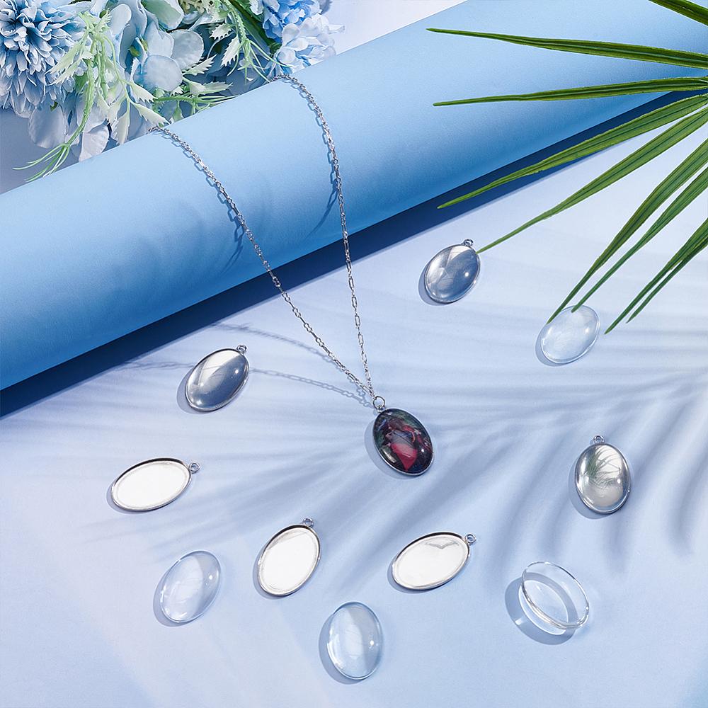 16Pcs 304 Stainless Steel Pendant Cabochon Settings Plain Edge Bezel Cups Oval with 16Pcs Glass Cabochons Stainless Steel Color Tray: 20x30mm
