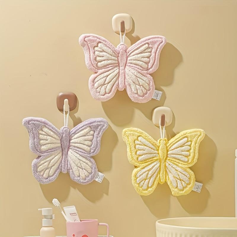 1pc Butterfly-Shaped Hanging Thick Coral Fleece Towel | Quick-Drying, Skin-Friendly, Fine Texture, Ideal for Kitchen and Bathroom Use