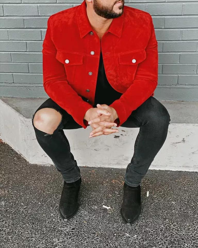 Designer Party Red Lambskin Jacket Handmade Suede Men Genuine Leather Stylish