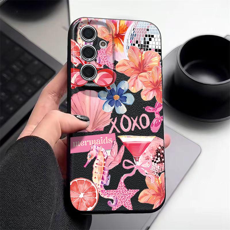 Pink Cartoon Pattern Floral Case For Samsung Galaxy A57 A56 A55 A54 5G A37 A36 A35 A34 A17 A16 A15 A14 Leather Texture Silicone Cover