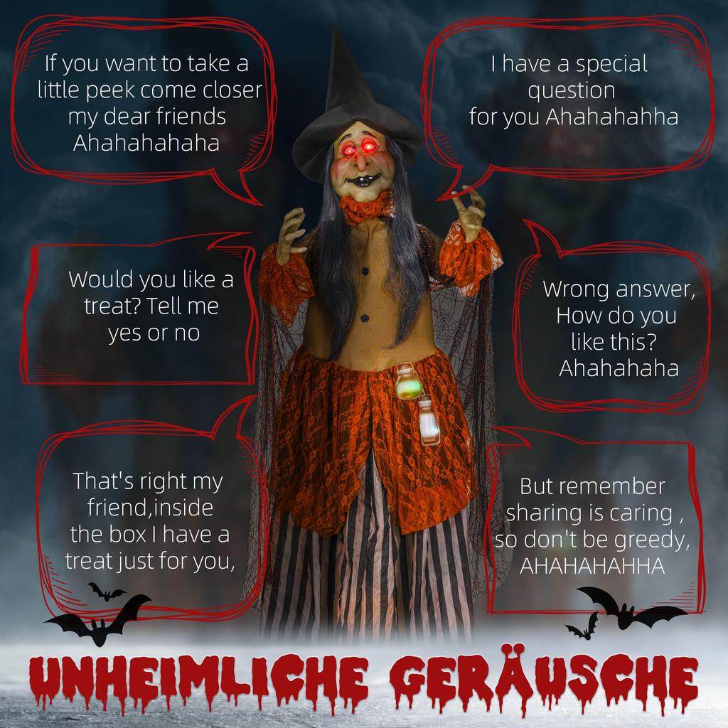 Witch with Magic Potion, Halloween Decoration, Creepy Sounds, Red Eyes, Movable, 183 Cm