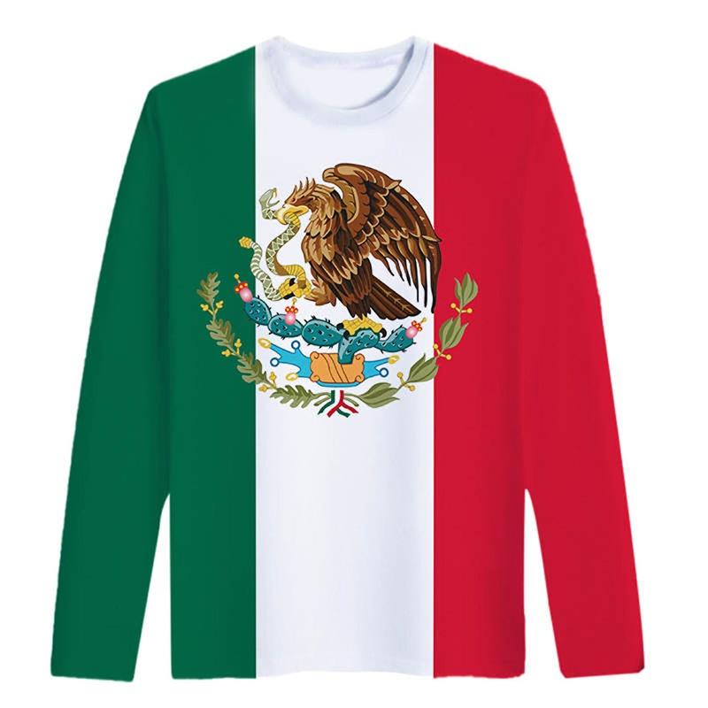 Spring and Autumn Round Neck Mexican Flag Emblem Pattern 3D Printed Top Fashionable Casual Long Sleeved Men's T-shirts