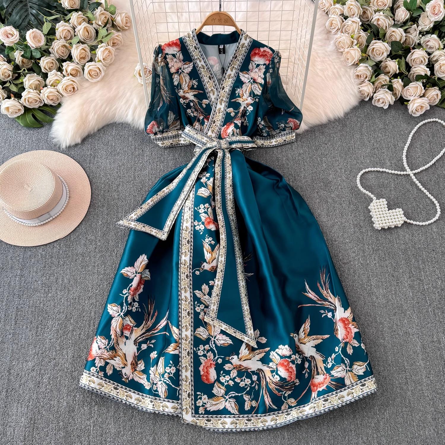 

Летнее богемное длинное платье с цветочным принтом, женское платье с v-образным вырезом и пышными рукавами, винтажное бандажное платье с принтом на шнуровке, женская одежда 1651 L зелёный