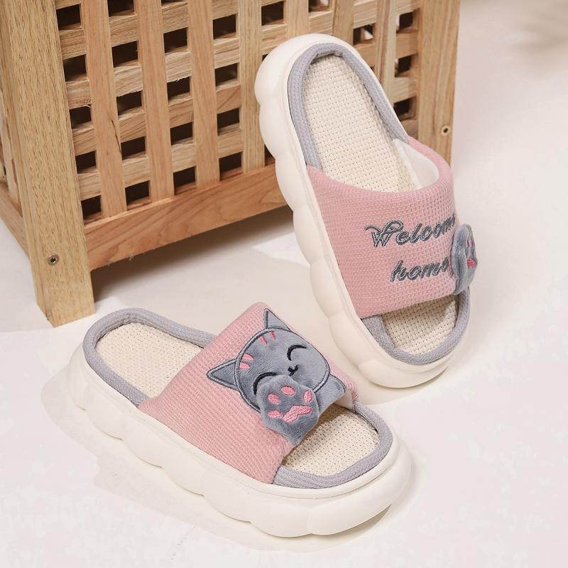Linen Casual Slippers Women House Platform Cute Cartoon Cat Designer Shoes Girls Flat Elegant Footwear Indoor Large Size