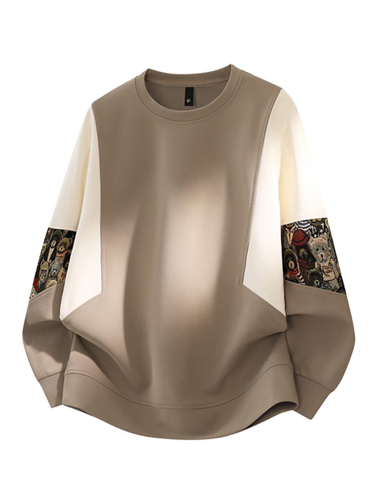 ACU Menswear Fleece-Lined Men's Sweatshirt - Autumn/Winter 2026, Bear Sleeve Patchwork, Jacquard, Round Neck, Color Block Design