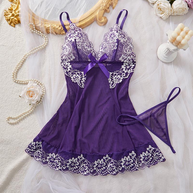 New Sexy Women's Purple Lace Nightgown Set See Through Suspender Deep V Pajamas Dress Erotic Babydolls Sexy Honeymoon Lingerie
