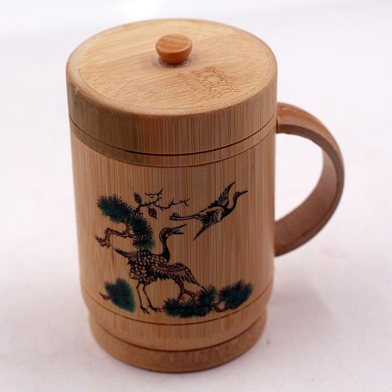 1Pc Handmade Bamboo Household Cup with Handle and Lid Printing
