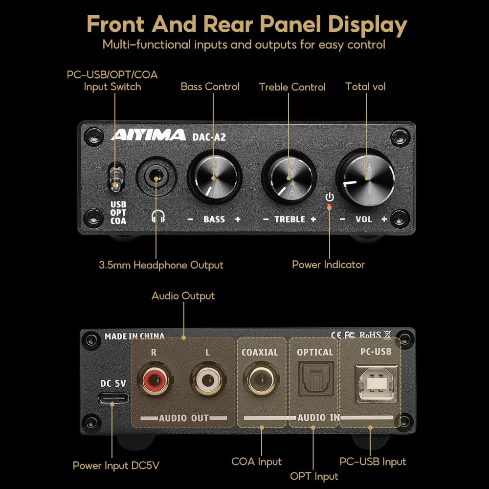 AIYIMA Kopfhörerverstärker, Kopfhörerausgangskonvertierung, analoger Desktop-Audiokonverter, 5 V, 24 Bit, 192 kHz, DAC-A2, PC-USB/optischer/koaxialer Eingang, RCA/3,5 mm