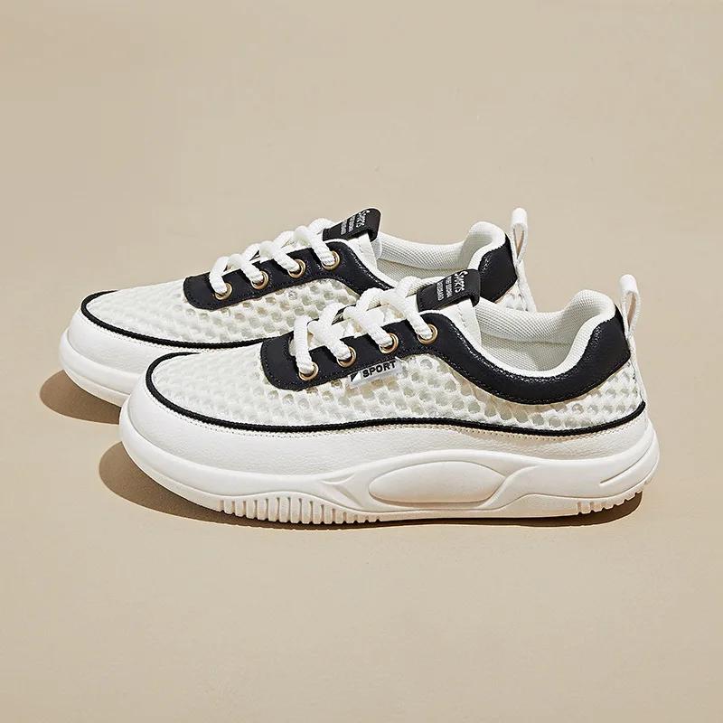 Women's White Sneakers Summer New Mesh Breathable Comfortable Outdoor Sports Shoes Fashion Lace Up Height Increase Flats