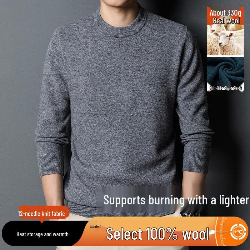 Men's 2025 Autumn/Winter Pure Wool Round Neck Sweater - Solid Color Knit