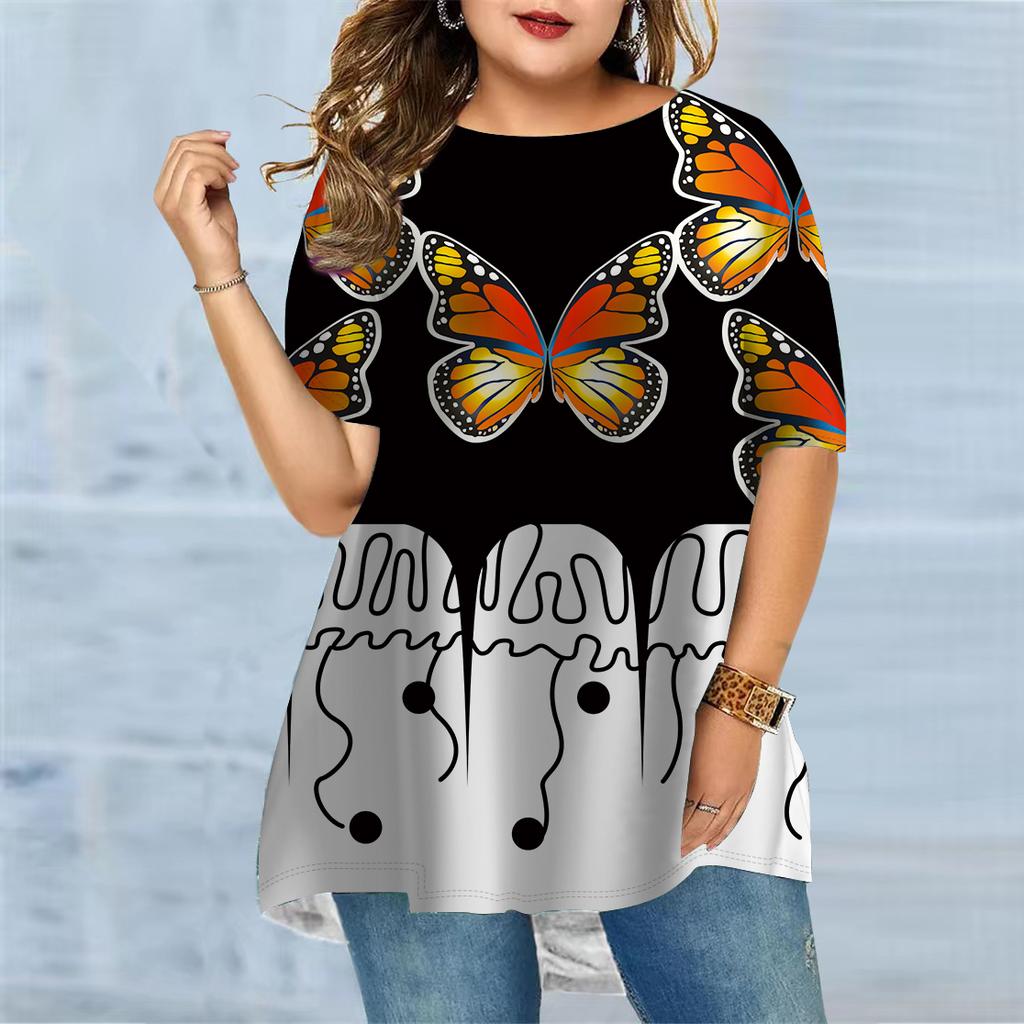 Plus Size Women's Summer Yellow Butterfly Print Comfortable Short Sleeved Round Neck T-shirt Casual Baggy Medium Length T-shirt