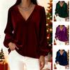 Women's V Neck Bishop Long Sleeve Velvet Blouse Loose Fit Solid Color Elegant Casual Pullover Top For Winter Office Daily Wear