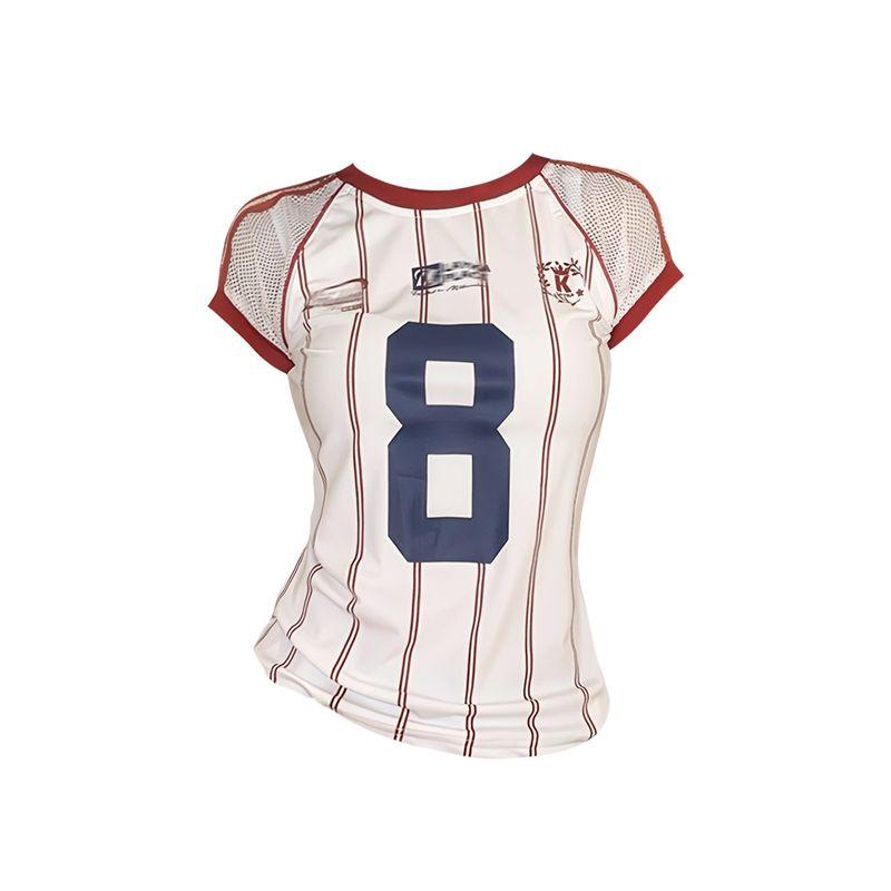 American Retro Contrasting Color Digital Printed Jersey T-Shirt for Women, Summer Sexy Style, Cool Mesh Stripesd Short-Sleeved Top