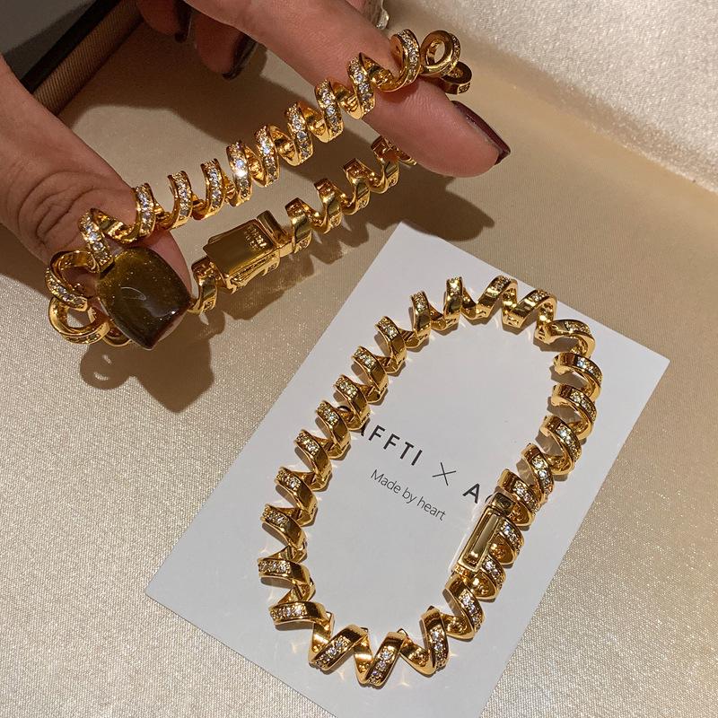 18K Gold Plated Zirconia Twisted Patchwork Bracelet | Fashionable, Cool, and Unique Style Hand Jewelry