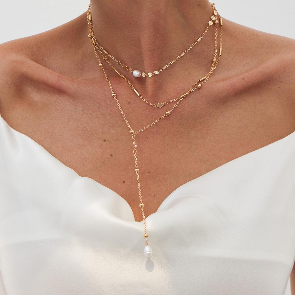 Wind Rice Grain Imitation Pearl Beaded Collarbone Necklace, Simple Metal Round Bead Chain Fringed Necklace
