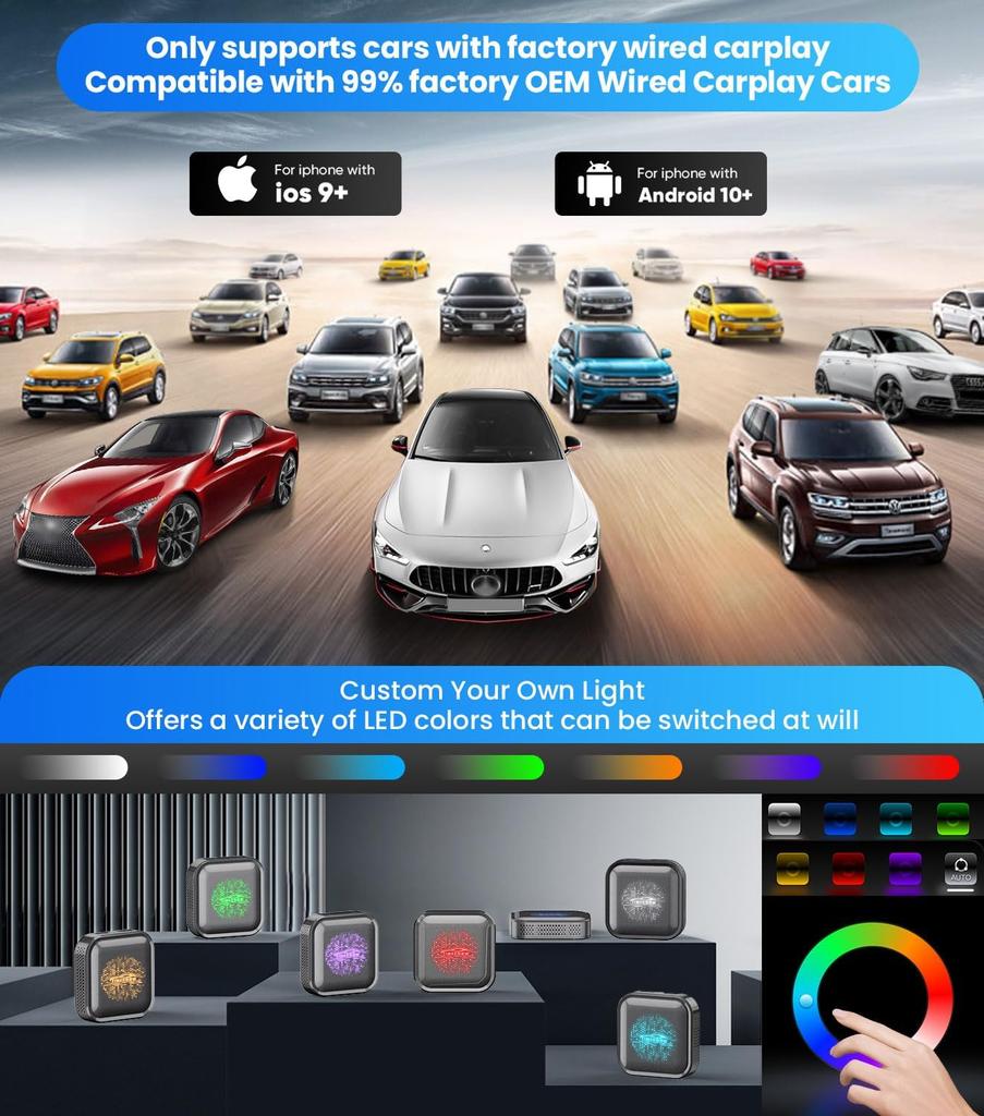 Magic Ai Box 2.0 Wireless CarPlay & Android Auto Adapter, LED HDMI Dongle for Phone to Car/TV Streaming