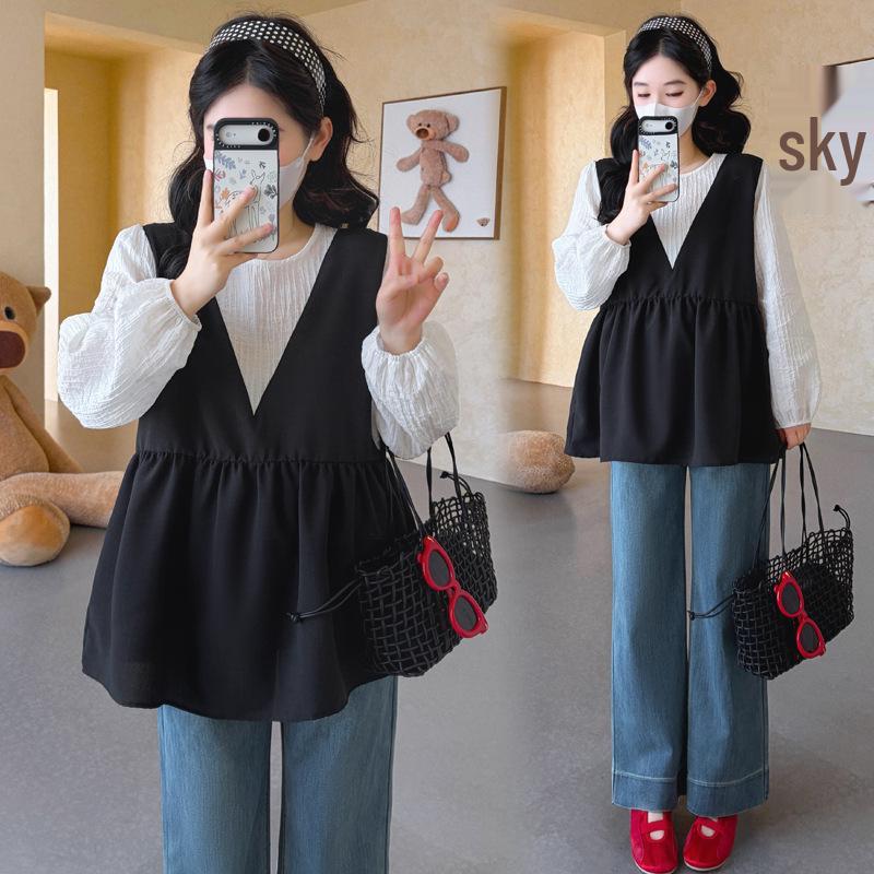 2026 Spring Korean Maternity Patchwork Two-Piece Doll Shirt Top 2XL
