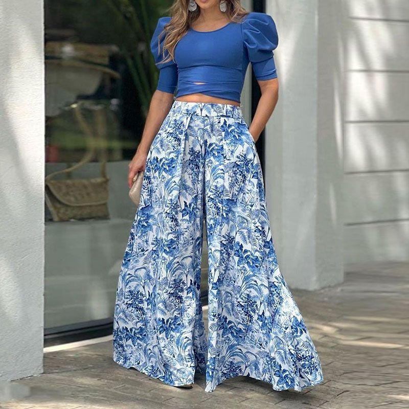 

2023 Top Printed Loose Pants Two Pieces Set Print Loose Pants Suit Blue XL