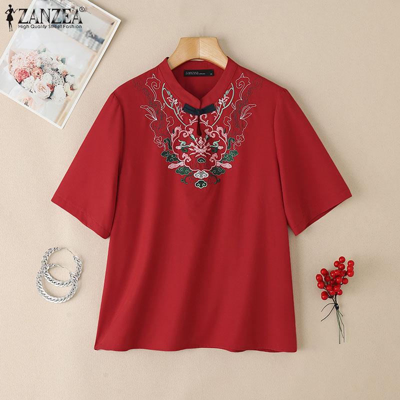 

ZANZEA Women Casual Embroidery Patchwork Summer Short Sleeve Blouse S красный