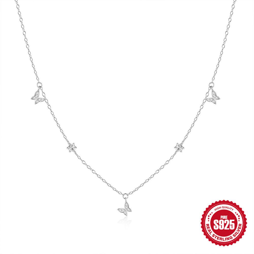Stylish And Simple S925 Sterling Silver Style Temperament Butterfly With Diamonds Stacked Wearing Women'S Collarbone Necklace