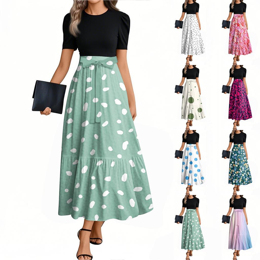 Damenmode Lässiger Gürtel Kurzarm Rundhals Retro Gepunktet Gedruckt Spleißen Elegantes Temperament Kleid