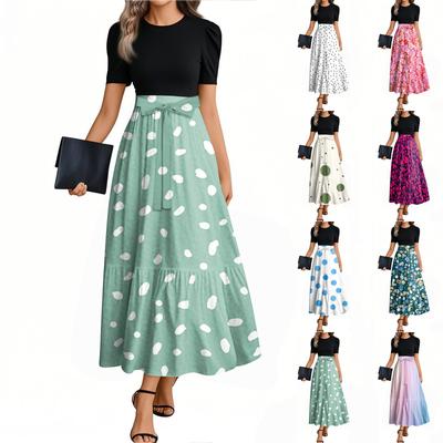 Vestido Feminino Casual Moda com Cinto Manga Curta Gola Redonda Estampa Retro de Bolinhas Costura Elegante Temperamento