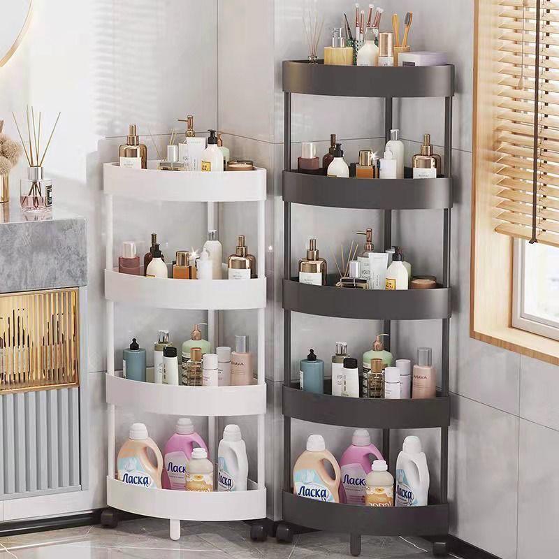 Compact Triangular Bathroom Storage Rack: Multi-Layer, Floor-Standing, Moveable Corner Organizer.