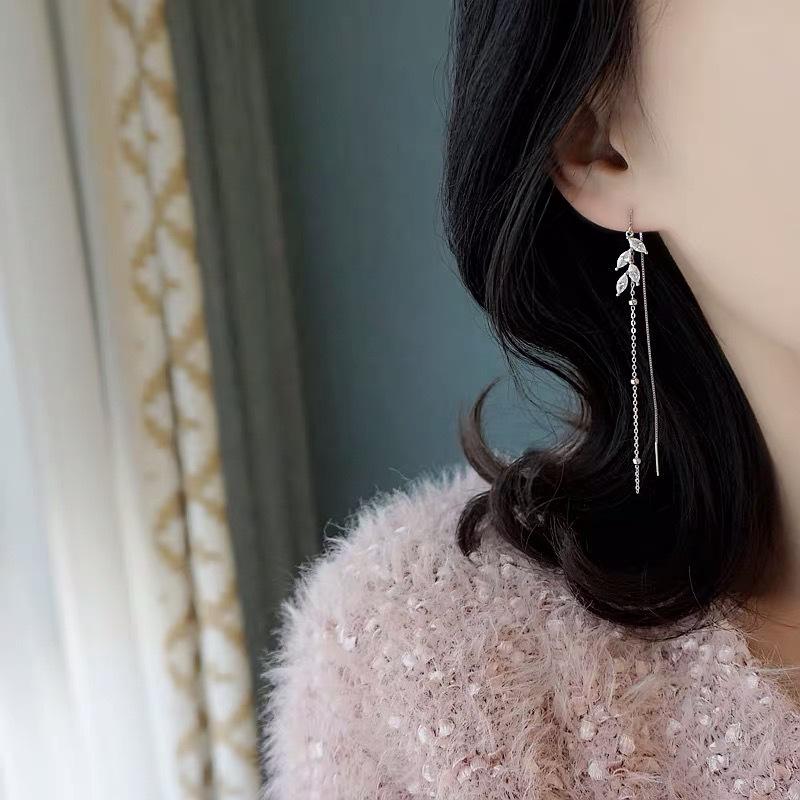 Silver Leaf Tassel Ear Thread Earrings for Women - Elegant Long Korean-Style Design 925 Silver