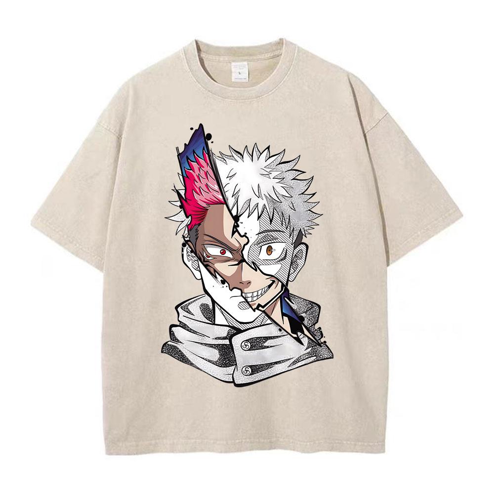 T-shirt Lavé d'Été Impression Graphique Anime Streetwear Vintage Oversize Homme Mode Coton Haut T-shirt Noir