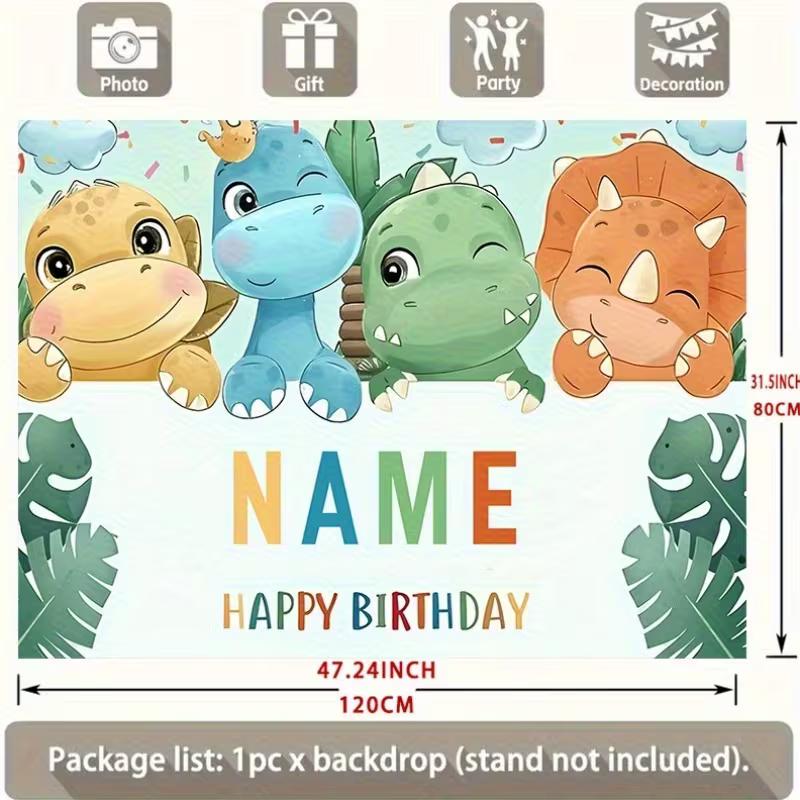 Watercolor Style Dinosaur Birthday Backdrop, Customizable Name Cute Cartoon Dino Background with Tropical Leaves