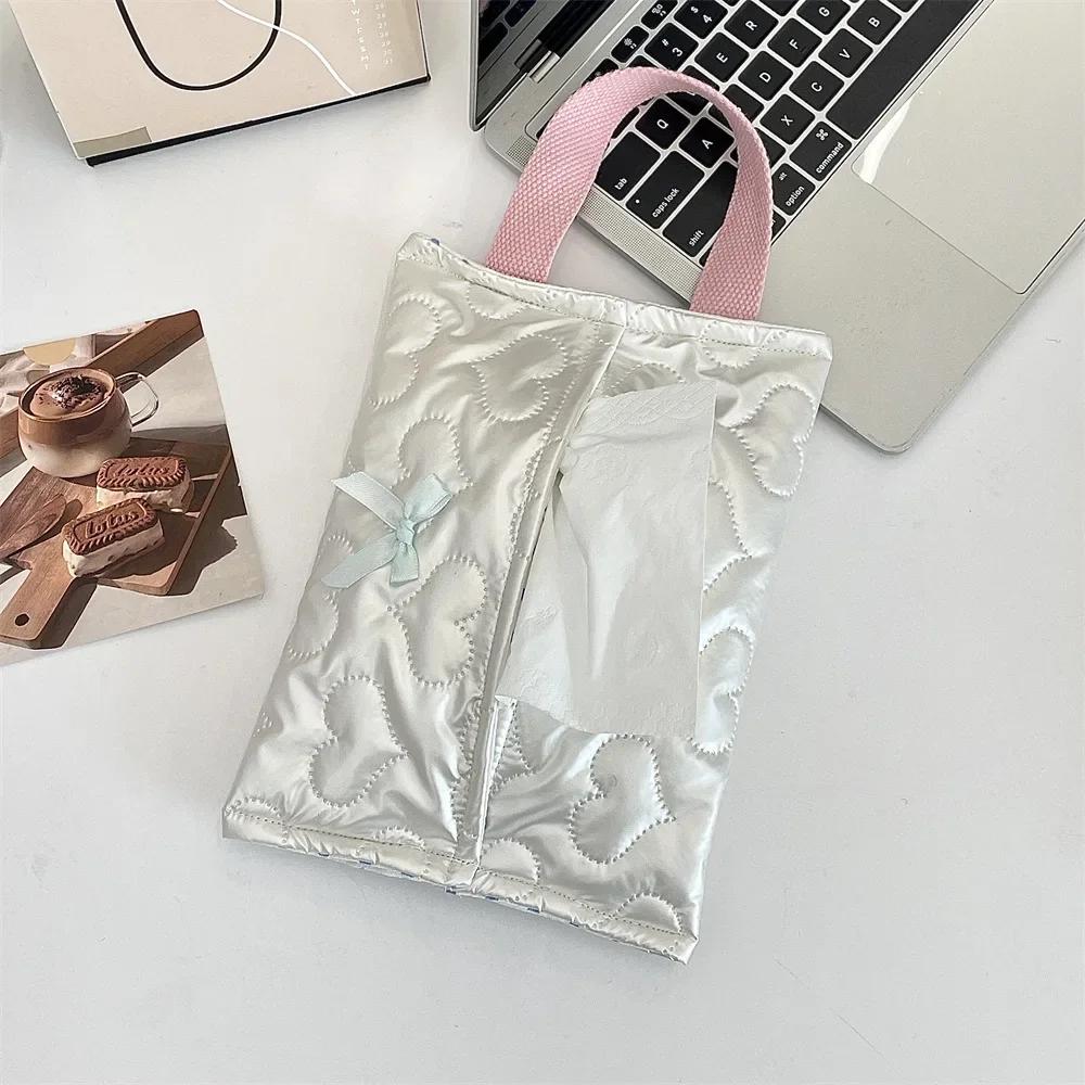 Silvery Bow Flip Cover Tissue Box Wet Wipes Case Car Hanging Bag Portable Paper Holder Removable Napkin Storage Case Home Decor