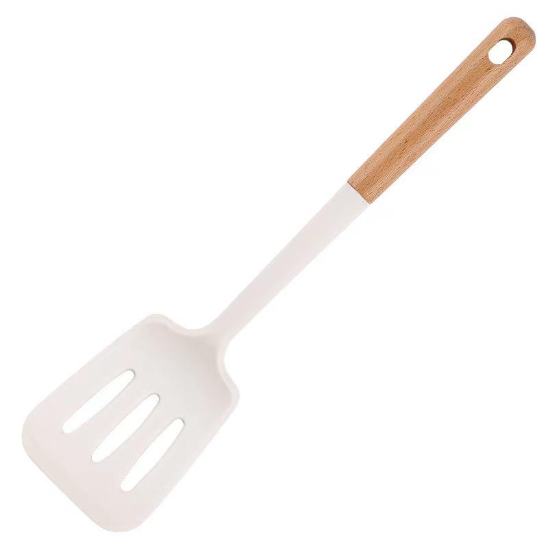 6-teiliges Küchenutensilienset aus Massivholz und Silikon: Hitzebeständige, antihaftbeschichtete Kochutensilien mit Aufbewahrung