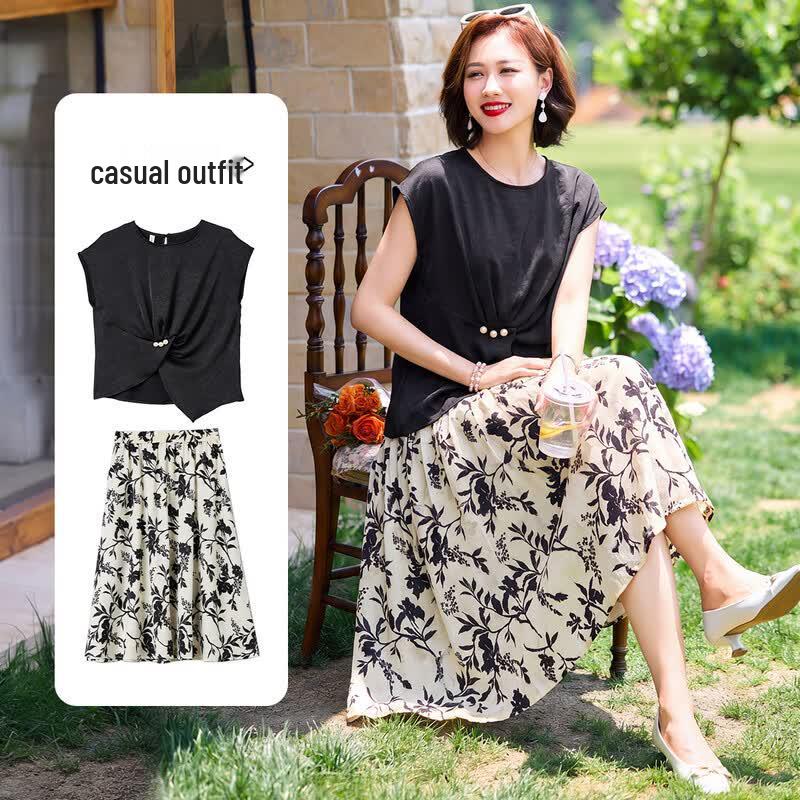 Qianlian Women s Summer Sleeveless T-shirt & Skirt Set XL