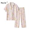 Four Seasons Pink Oil Painting Satin Pajama Set - Short Sleeve Cardigan & Long Pants