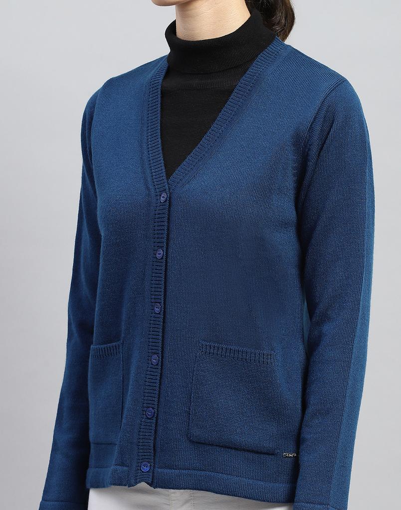 MONTE CARLO Womens Blue Solid V Neck Full Sleeves Cardigan