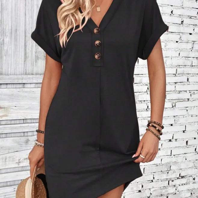 Women Casual Short Sleeve Mini Dress Summer Fashion Solid V Neck Button Down Beach Party Dresses Femme Robe