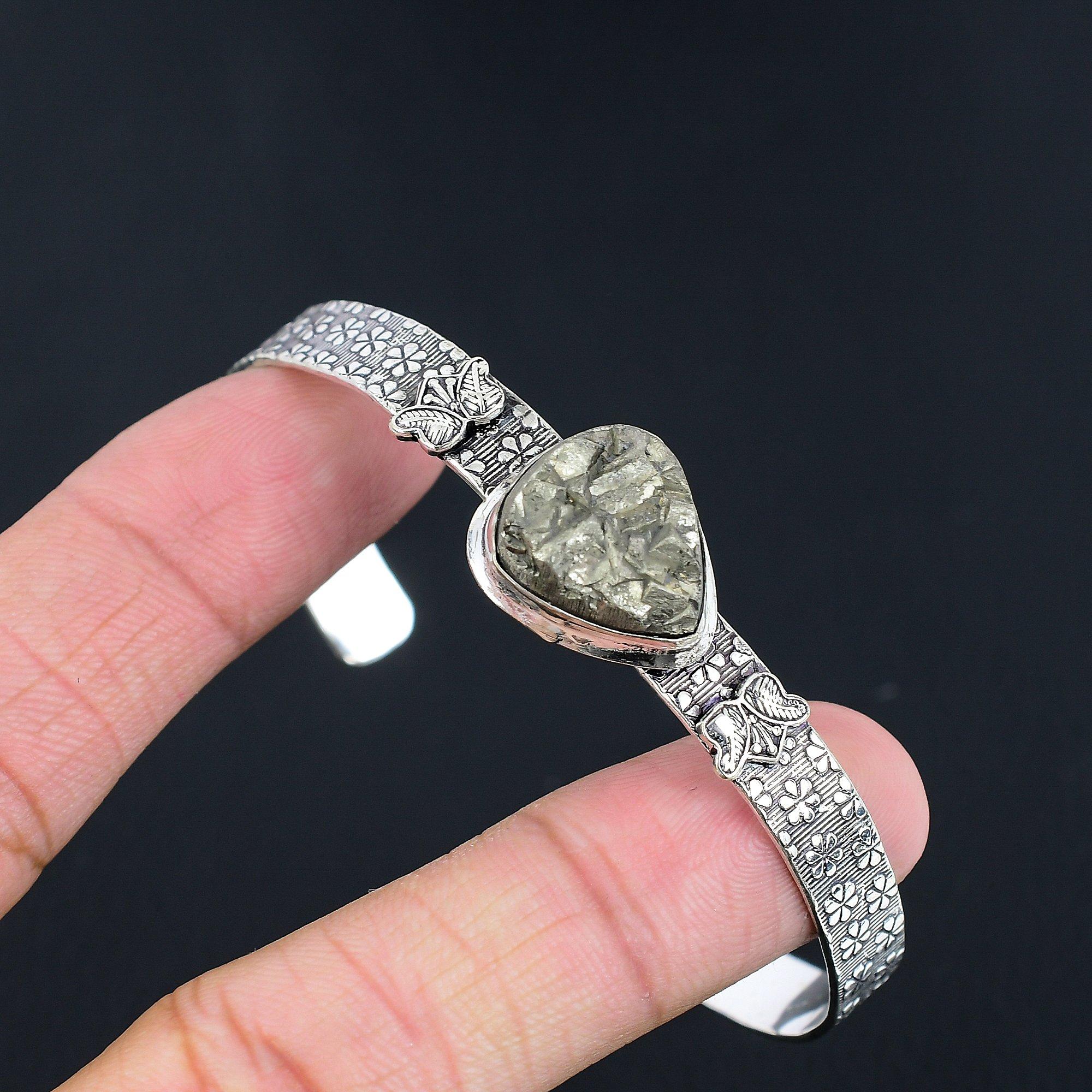 

Halloween Deal Sterling Silver Pyrite Druzy Stone Birthday Boho Bangle Bracelet Adjustable